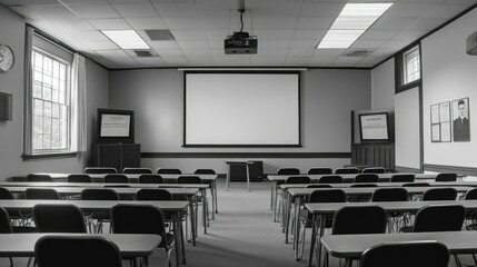 Fototapeta premium Classroom interior with modern amenities, including a projector screen and TVs, and desks arranged in rows