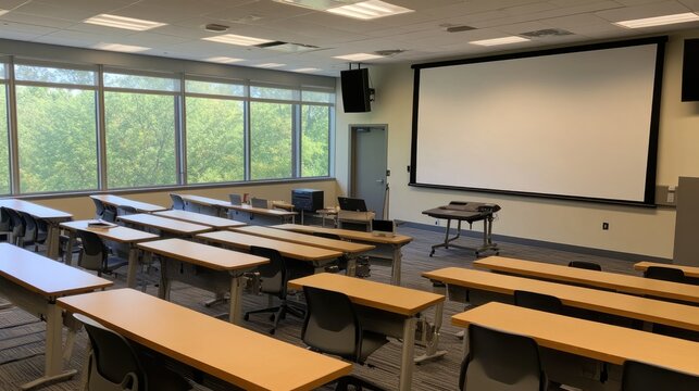 Classroom setup with clean rows of desks, large display screens, and a blank projector screen, ideal for presentations