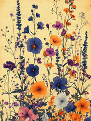 Naklejka premium Vintage Floral Bouquet Pressed Flowers Botanical Art Watercolor Flowers
