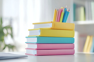 A Stack of Colorful Textbooks with Bookmarks and Stationery on a Desk.