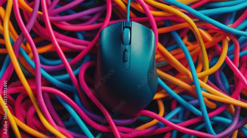 Poster a computer mouse surrounded by vibrant, tangled cables in a rainbow of colors, creating a bold and p