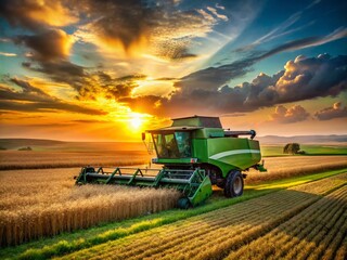 Fototapeta premium Minimalist Green Farm Combine Harvest, Rural Landscape Photography, Agricultural Machinery, Countryside Scene
