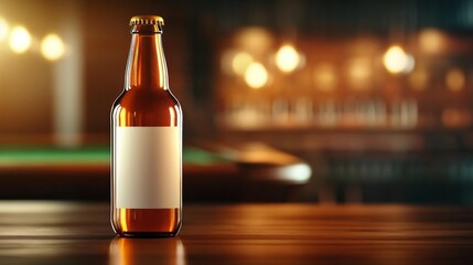 Beer Bottle with Blank Label in Tavern Setting for Game Night. Generative AI