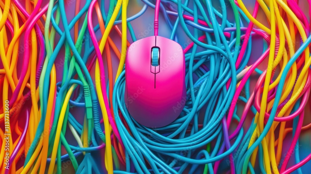 Poster a computer mouse surrounded by vibrant, tangled cables in a rainbow of colors, creating a bold and p