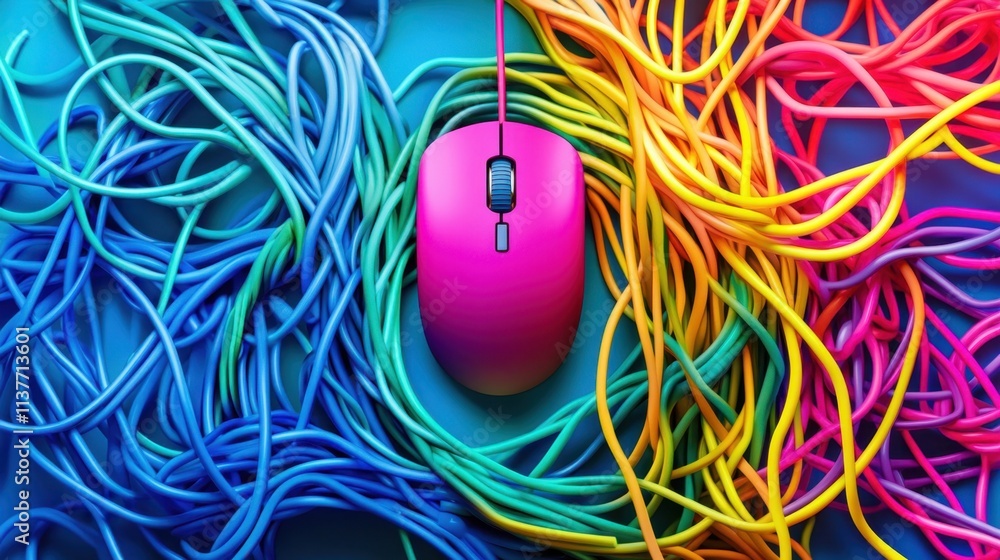 Poster a computer mouse surrounded by vibrant, tangled cables in a rainbow of colors, creating a bold and p