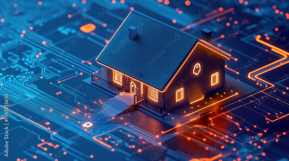Poster digital padlock and shield glowing over a smart home, symbolizing a secure and protected residence w
