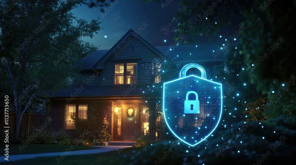 Poster digital padlock and shield glowing over a smart home, symbolizing a secure and protected residence w