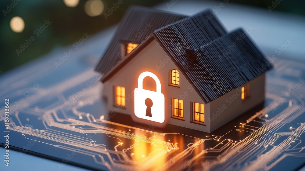 Aufkleber digital padlock and shield glowing over a smart home, symbolizing a secure and protected residence w