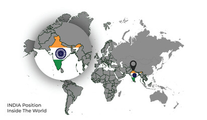 INDIA Position Inside the World with Flag in Map