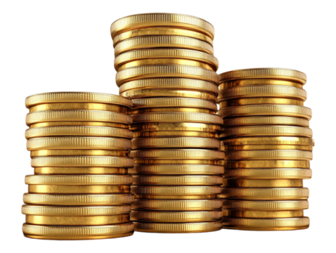 A stack of gold coins isolated against a transparent background, ideal for financial content, investment themes, or wealth-related displays.