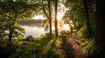 Fototapeta premium Runner on a trail near a lake at sunrise.