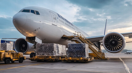 Fototapeta premium Air cargo logistic containers are loading to an airplane