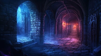 Obraz premium A dark medieval dungeon with a shadowy stone corridor, glowing torchlight, and an eerie ambiance, ideal for fantasy narratives