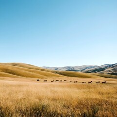 Fototapeta premium A photo of a sprawling grassland with rolling hills and wild horses running under a clear blue sky