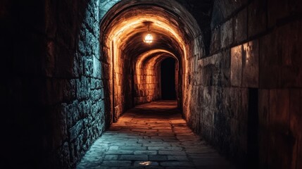 Obraz premium A dark medieval dungeon with stone walls, dim torchlight flickering, and a narrow corridor leading into eerie shadows, perfect for a fantasy setting