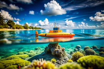 Obraz premium Tilt-Shift Photography of a Submarine with a Bright Orange Stripe Swimming in Crystal Clear Waters, Capturing a Unique Perspective of Underwater Exploration and Marine Life