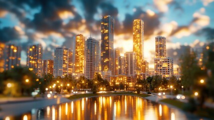 Fototapeta premium The dark night texture captures the essence of urban life at twilight, with illuminated buildings casting a warm glow against the dimly lit sky