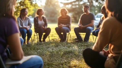 A group of people sitting in a circle outdoors, symbolizing community support and peer connection.