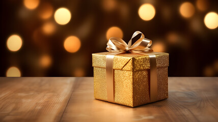 gold gift box on wood christmas background