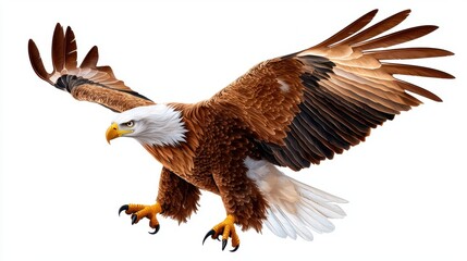 Fototapeta premium A detailed illustration of an eagle with outstretched wings and sharp talons, captured mid flight, isolated on a clean white background.