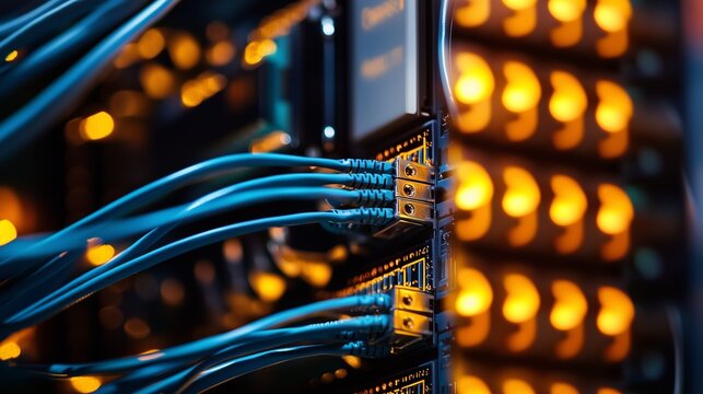 Network cables and servers symbolize digital connectivity and data management.