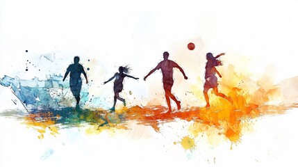 A Vibrant Watercolor Painting of a Family Playing Football