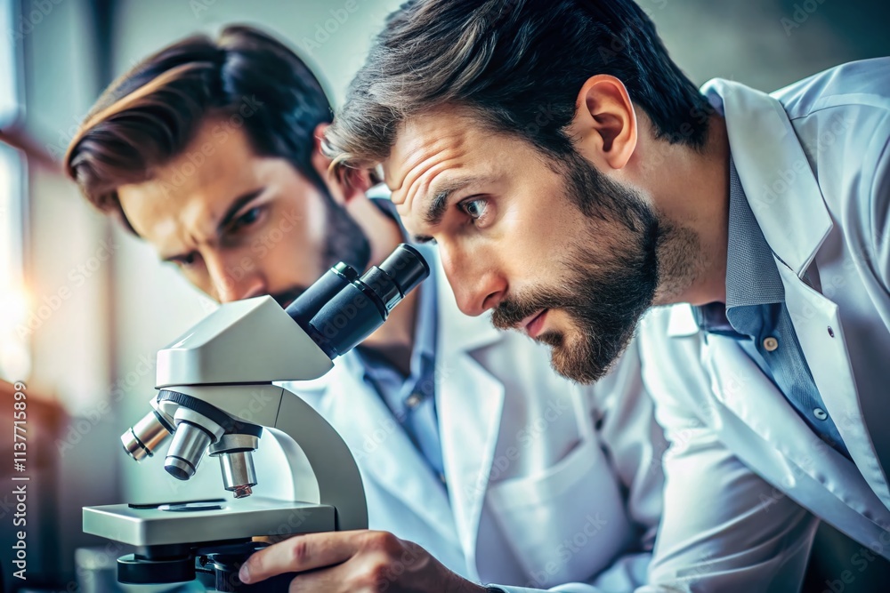 Poster minimalist microscope science: scientists researching tiny object