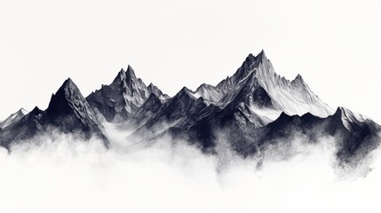 Majestic Black and White Mountain Range with Fog and Dramatic Peaks