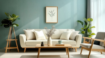 Wooden coffee table and chair. gray sofa against green wall