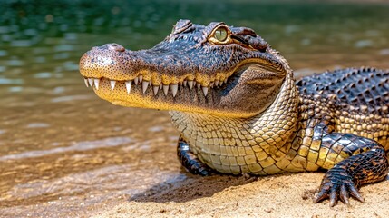 The closeup shot of a crocodile reveals the intricate scales covering its powerful jaws, the sharp teeth lining its mouth, and the cold, calculating gaze in its eyes as it rests by the water's edge.
