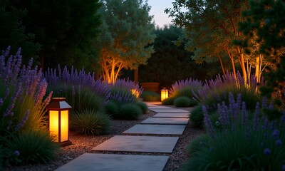 Fototapeta premium Garden design showcases a serene pathway lined with vibrant lavender, illuminated by warm lanterns, creating a tranquil evening ambiance for relaxation.