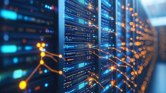 Futuristic server room with glowing connection lines and vibrant data streams in a cinematic style capturing advanced technology