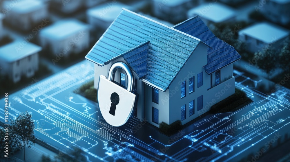 Poster secure residence concept with a digital padlock and shield over a smart home, highlighting advanced 