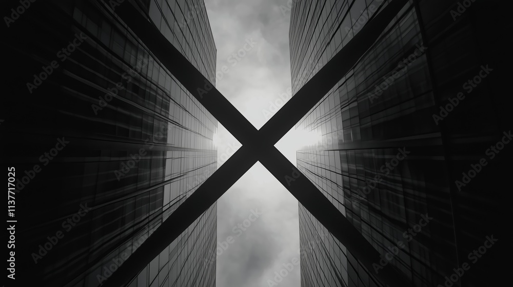Poster unique perspective of skyscrapers intersecting under cloudy sky in urban setting