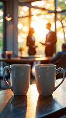 Morning coffee in a sunlit office setting with colleagues in the background