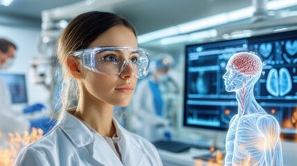 Fototapeta premium A detailed stock photo featuring a futuristic laboratory with cutting edge technology, anatomical models, and digital screens displaying advanced scientific research data.