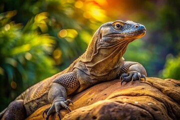 Minimalist Photography of a Komodo Dragon Basking in the Sun on a Large Rock in a Serene Natural Environment, Highlighting Nature's Beauty and Wildlife in Focus