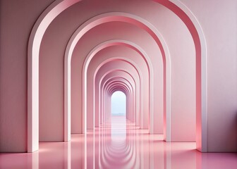 Fototapeta premium Minimalist Pink Arches in Perspective Against a Soft Pastel Background, Showcasing a 3D Abstract Architecture Concept for Modern Design Inspiration