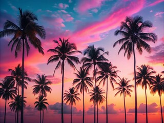 Minimalist Pink Palm Trees Photography: Dreamy Sunset, Tropical Paradise, Artistic Wallpaper