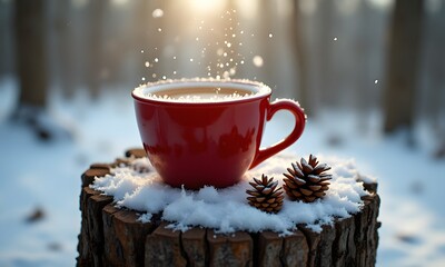 Melange coffee sits invitingly in a vibrant red cup atop a snowy stump. The warm steam rises against a serene winter backdrop, evoking cozy moments.