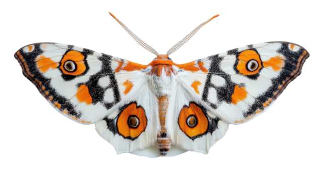 A vibrant orange and white moth displays intricate wing patterns against a transparent background, showcasing its natural beauty.