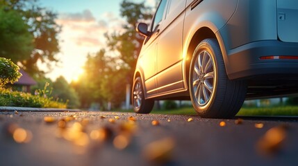 Fototapeta premium Evening Glow on Delivery Car by the Curbside. Generative AI