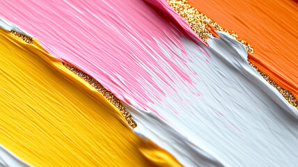 Colorful strokes of paint in yellow, pink, white, and orange background, accented with fine gold glitter for a shiny artistic look..