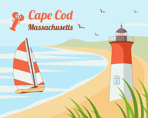 Cape Cod peninsula on the Atlantic Ocean, Massachusetts, USA. Maritime landscape with lobster, lighthouse, beach and sailboat. Trendy minimalist travel and tourism concept. Hand drawn 100 % vector.