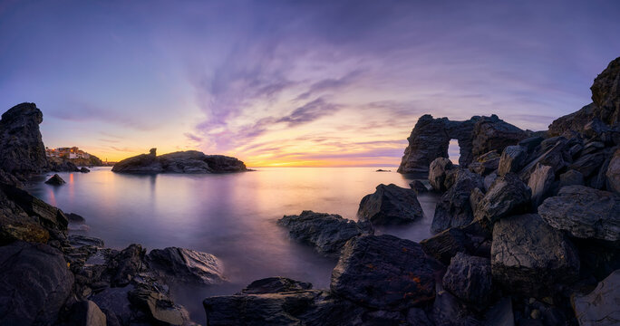 Sunset Over Rocky Coastline and Arch, Cala Flores, Cabo de Palos