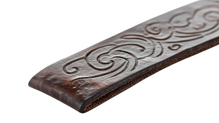 Decorative leather strap with intricate swirl patterns displayed on a transparent background.