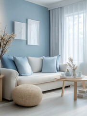 minimalist living room with light colored laminate and  blue tone