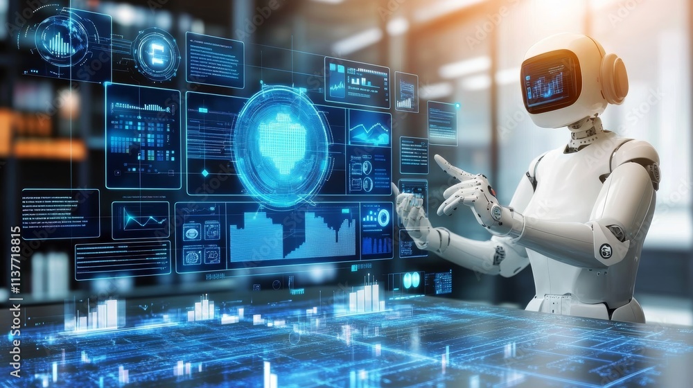 Poster sustainable development and ai ethics specialist technologist working in modern digital workspace wi