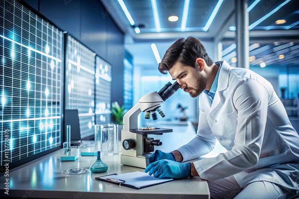 Aufkleber minimalist scene of a scientist analyzing genetic samples under a microscope in a high-tech laborato