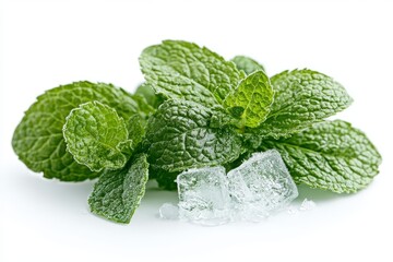 Mint leaves and ice cubes isolated on a white background, sharp focus with white studio light, high-resolution photography capturing fresh, cool elements.